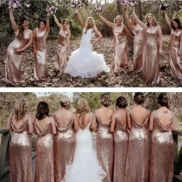 Christina Wu Rose Gold Sequin Dress (6) Bateau Neck Open Back Formal Gown 22704 - Picture 2 of 14